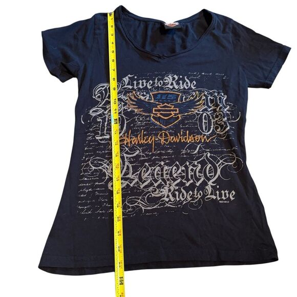 Harley Davidson Size S Live To Ride Rhinestone Bedazzled Tee Black AOP Bling - Picture 7 of 9